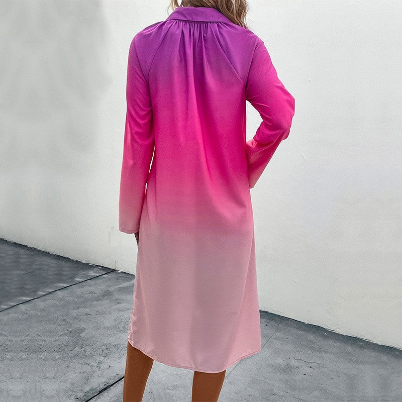 Loose Lapel Cardigan Buttoned Ombre Dress