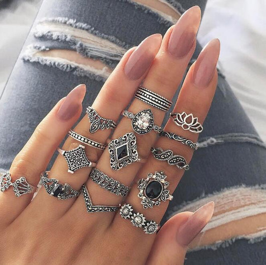 15 Piece Ring Set Personalized Fashion Style Hollow Out Lotus Sunflower Geometry Black Gem Set Ring