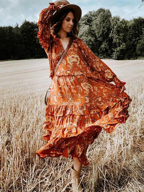 Print Frill Dress Women Tiers V-Neck Long Sleeve Dress Autumn  New Boho Dress