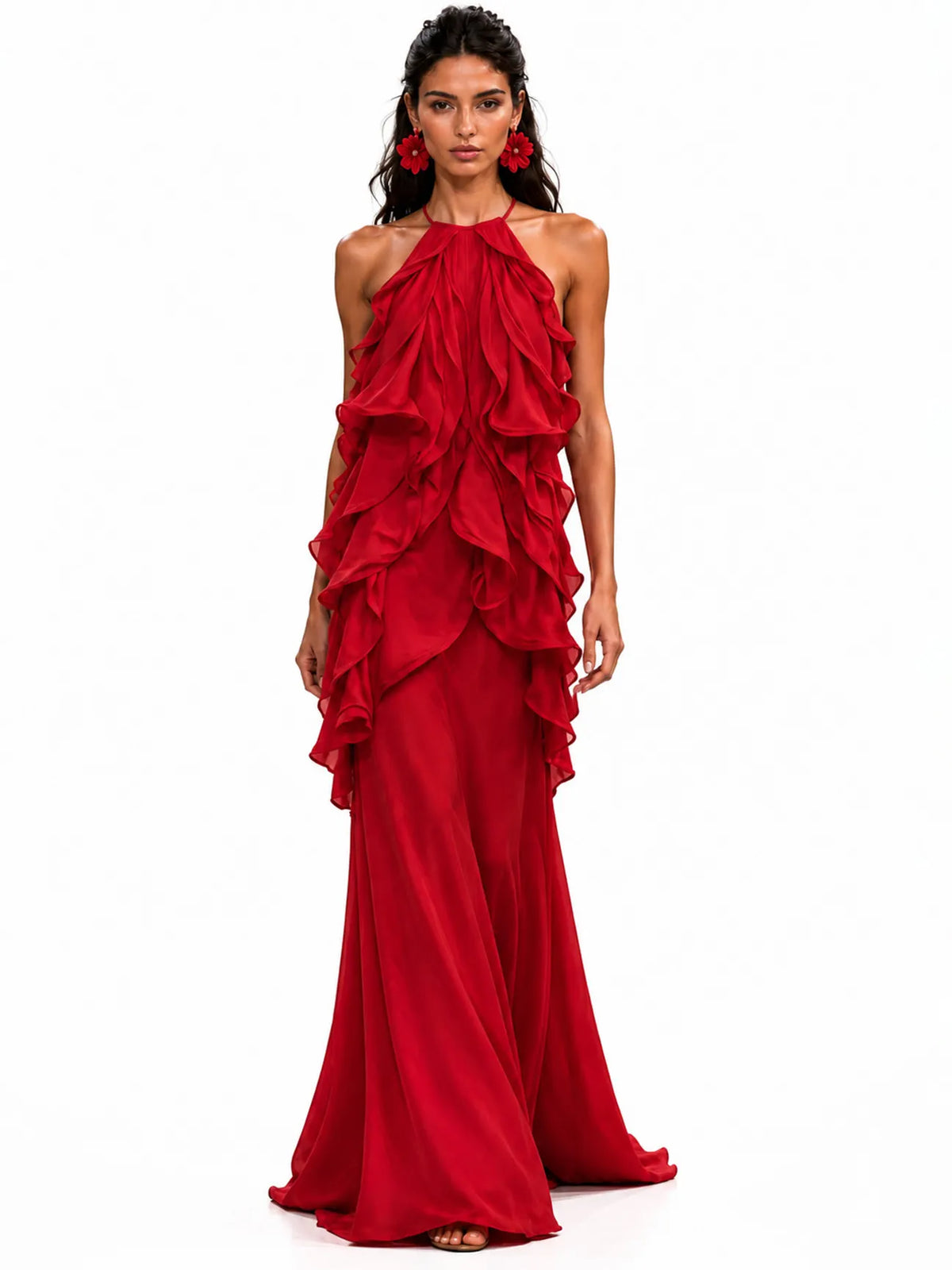 Ruby Ruffled Halter-Neck Open-Back Maxi Dress