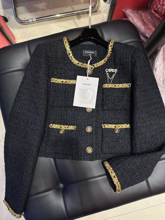 CC Brooch Tweed Gold Rhinestones Trim Black Jacket