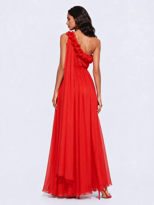 Jadzia One Shoulder Draped Maxi Dress with 3D Floral Detail