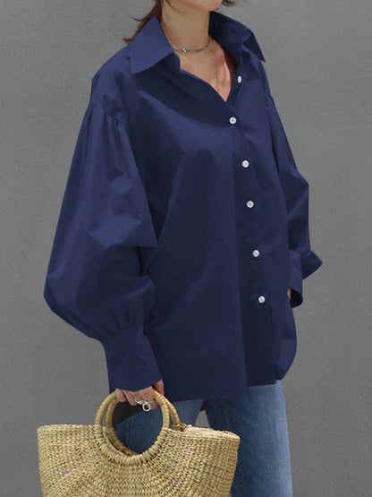 Long Sleeves Loose Buttoned Pleated Solid Color Lapel Blouses&Shirts Tops