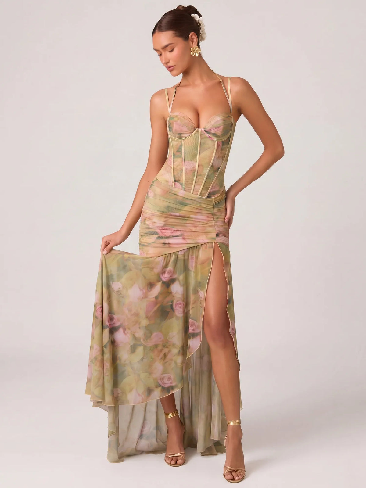 Kaia Floral Draped Corset Maxi Dress