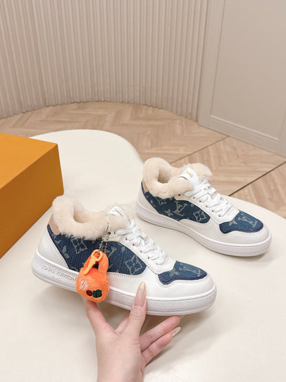 LV Stadium Sneaker White Cowhide Denim Wool 595429