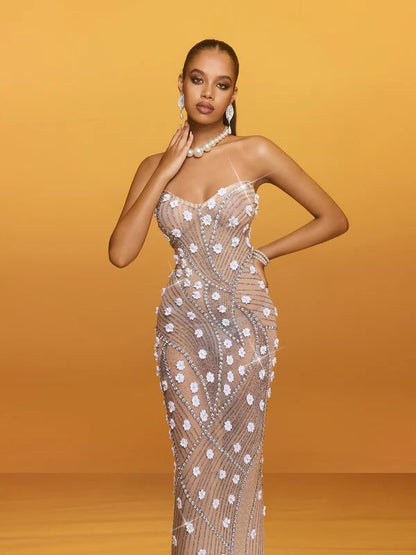 Akrion Strapless Rhinestone Flower Maxi Dress
