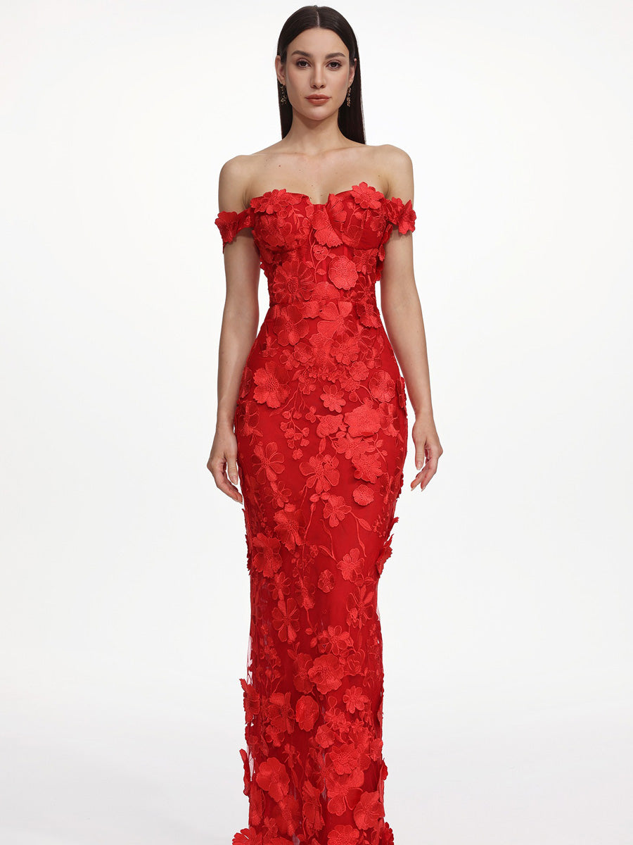 Jasmine Off Shoulder Floral Embroidered Maxi Dress
