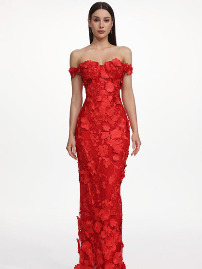Jasmine Off Shoulder Floral Embroidered Maxi Dress