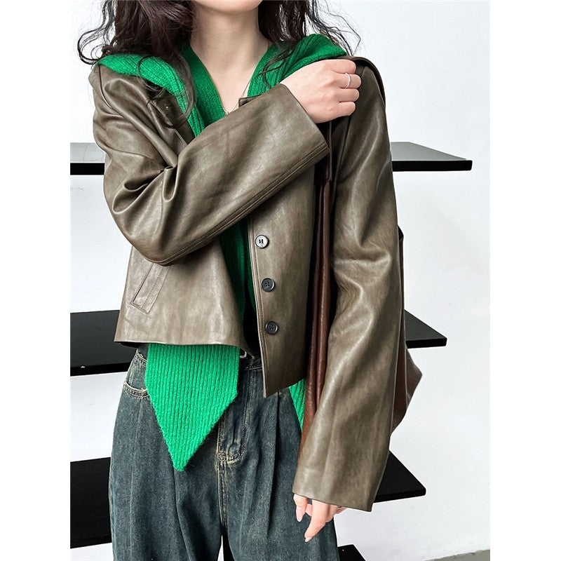 Retro Crewneck Long Sleeve Single Breasted Short PU Leather Jackets