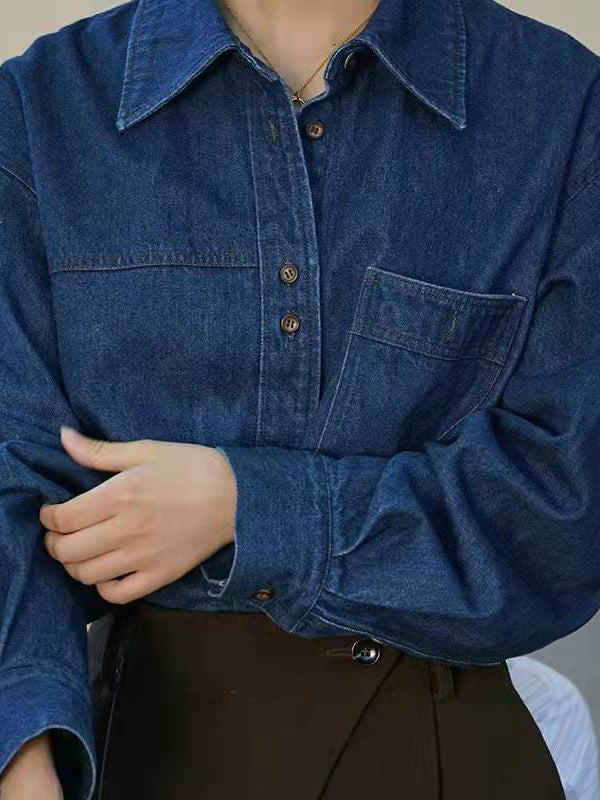 Long Sleeves Loose Split-Joint Lapel Blouses