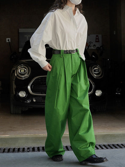 High Waisted Loose Pleated Solid Color Casual Pants Bottoms Trousers