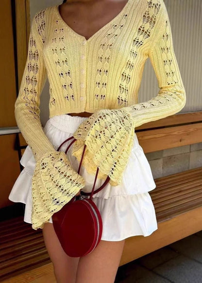 Open Knit Acrylic Cropped Cardigan With Buttons