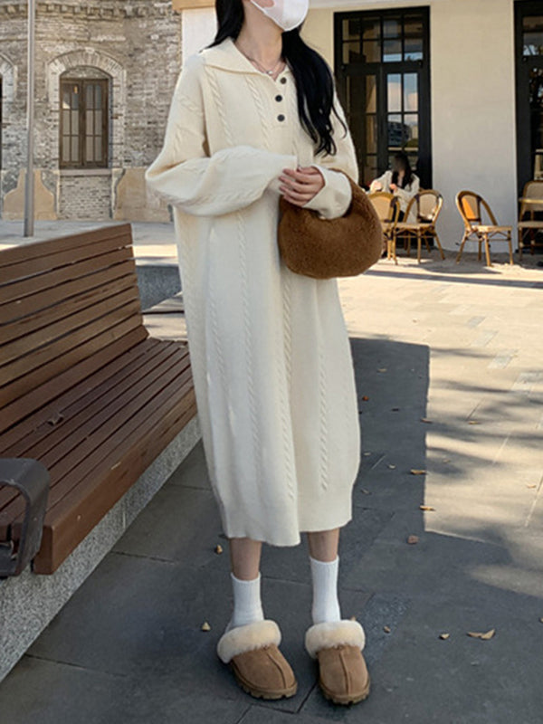 Long Sleeves Loose Buttoned Lapel Midi Dresses Sweater Dresses