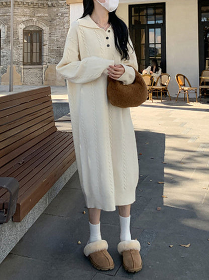 Long Sleeves Loose Buttoned Lapel Midi Dresses Sweater Dresses