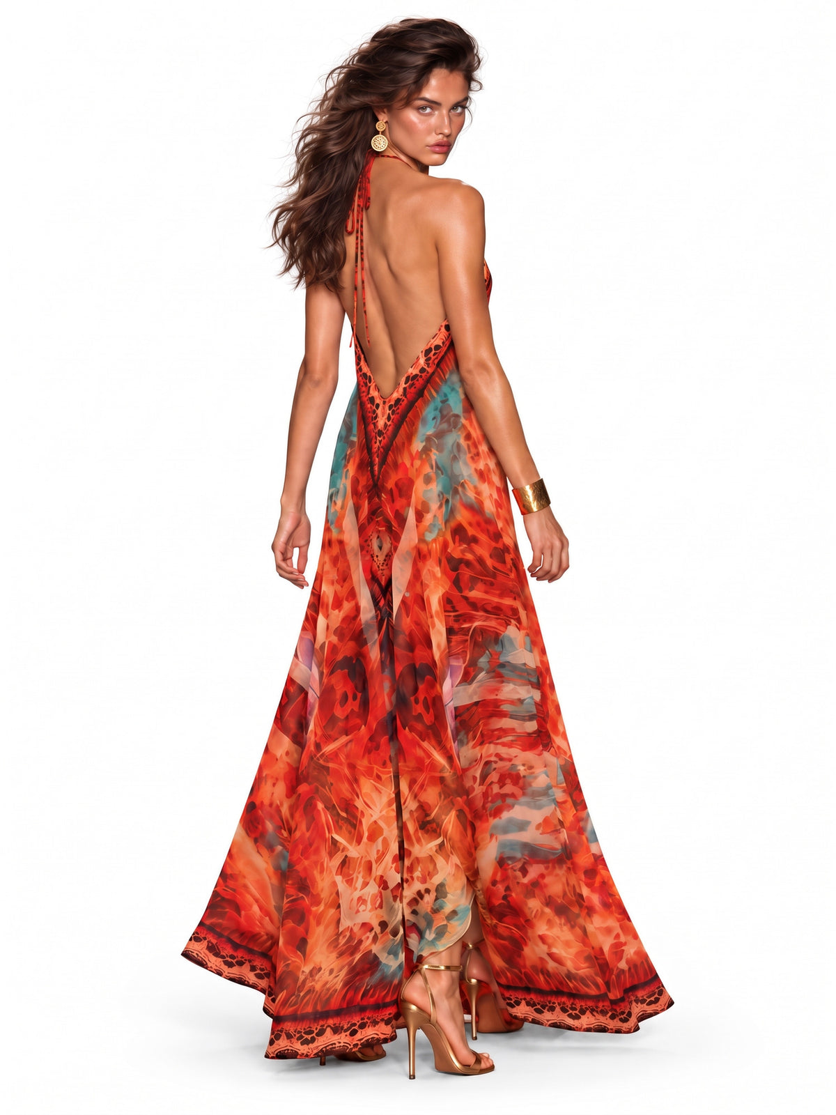 Paisley Printed Cowl Neck Halter Maxi Dress