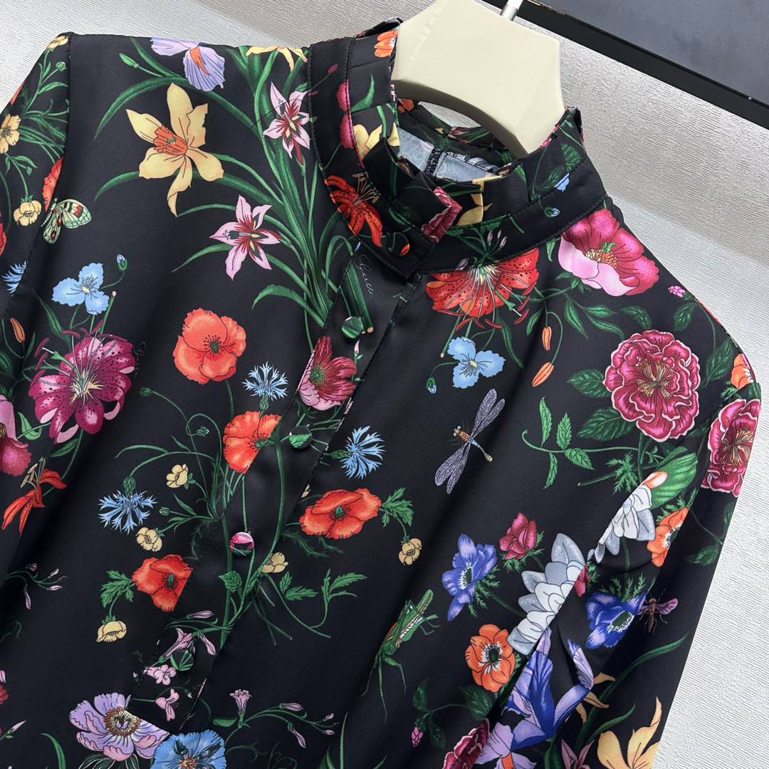GG SS26 Flora Print Mini Dress Black Multicolor Silk 351771