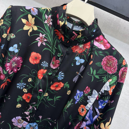 GG SS26 Flora Print Mini Dress Black Multicolor Silk 351771