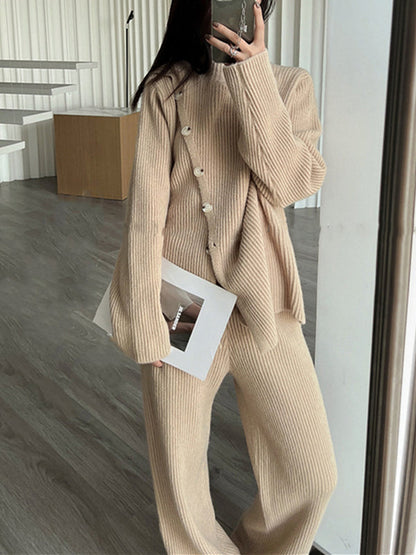 Casual Loose Solid Color Half Turtleneck Sweater Tops & Wide Leg Pants Suits