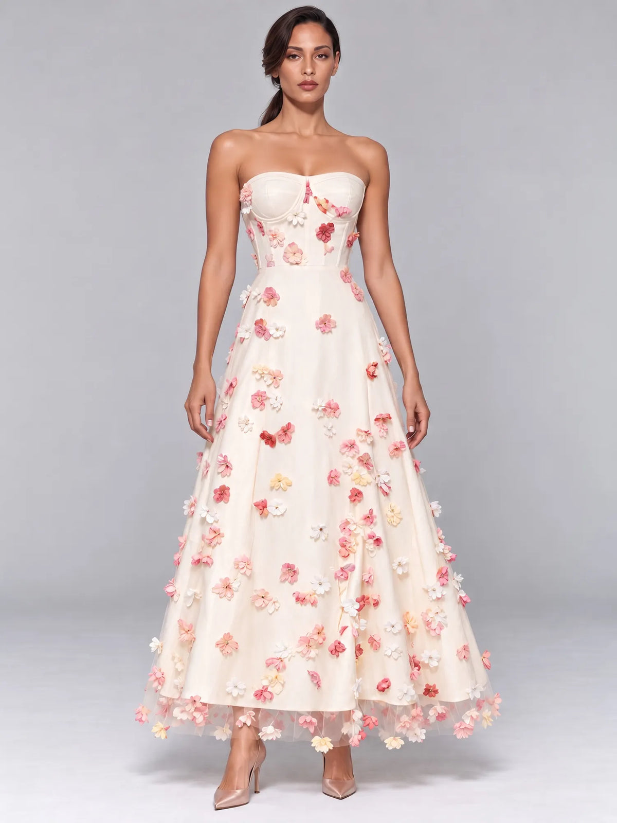 Peyton 3D Floral Strapless Midi Dress