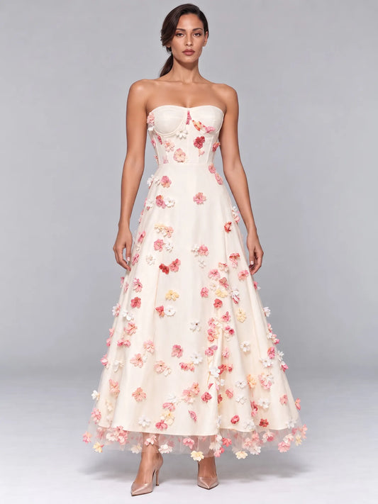 Peyton 3D Floral Strapless Midi Dress