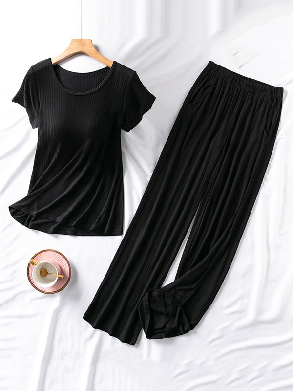 Solid Color Short Sleeve T-Shirts&Pants Pajamas Sets