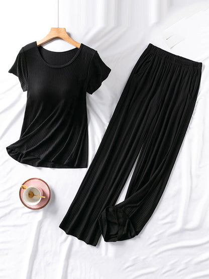Solid Color Short Sleeve T-Shirts&Pants Pajamas Sets