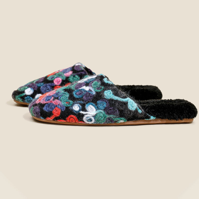 Flower Embroidery Soft Warm Plush Indoor Slippers