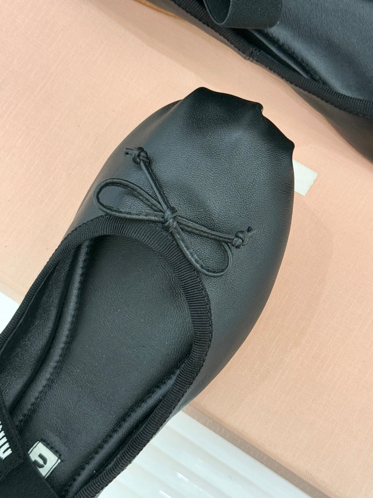 Miu Classic Bow Letter Ballet Flat Black Sheepskin 570999