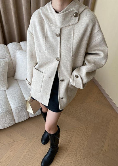 Wool Blend Hooded Cape Coat With Pockets