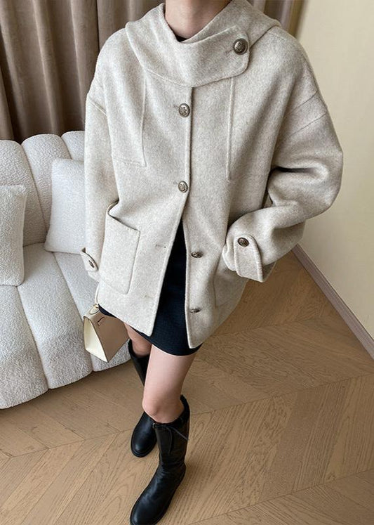 Wool Blend Hooded Cape Coat With Pockets