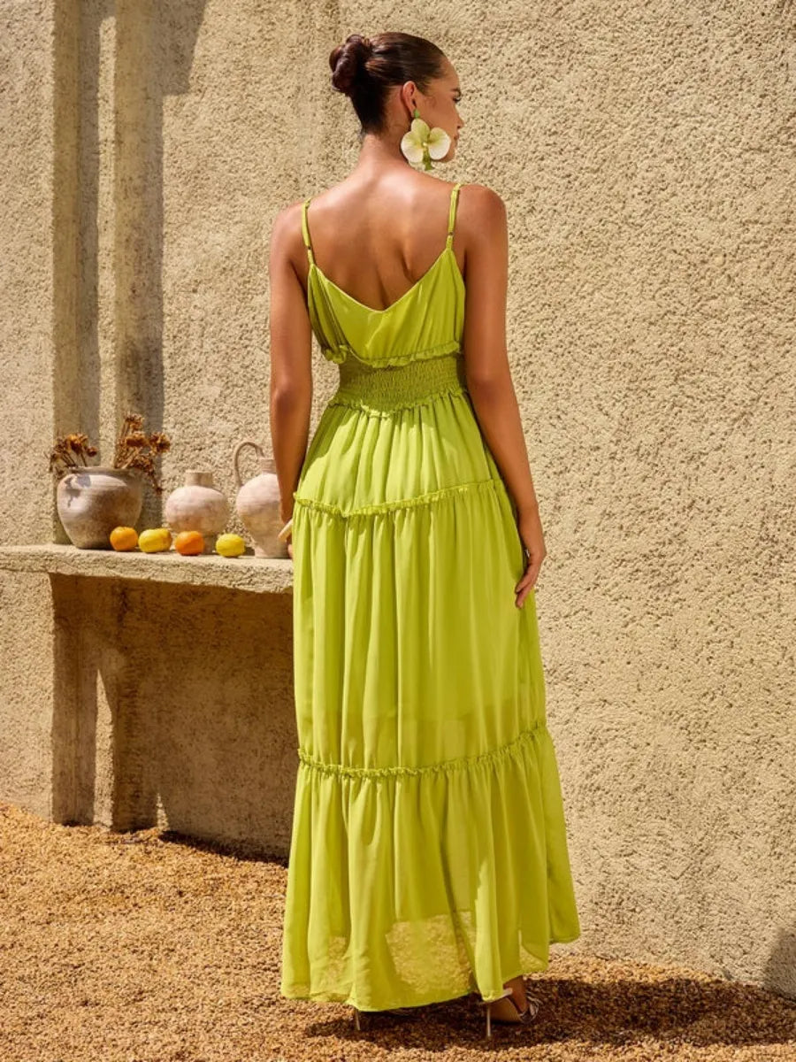 Hailey Spaghetti-Strap Tiered Chiffon Maxi Dress