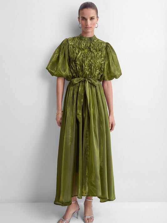 Aurora Green Ruffled Bodice Puff Sleeve Maxi Dress
