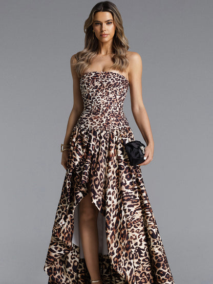 Harper Strapless Pleated Leopard Print Maxi Dress