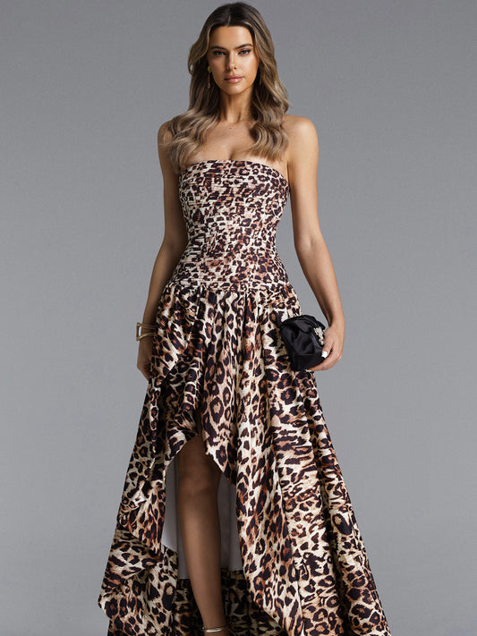 Harper Strapless Pleated Leopard Print Maxi Dress