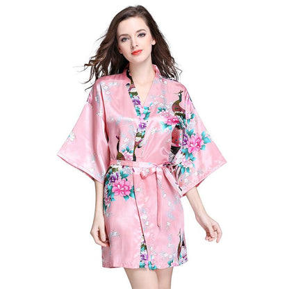 Silk Nightgown Women'S Summer Mid Sleeve Peacock Pajamas Bathrobe Large Size Home Clothes 1