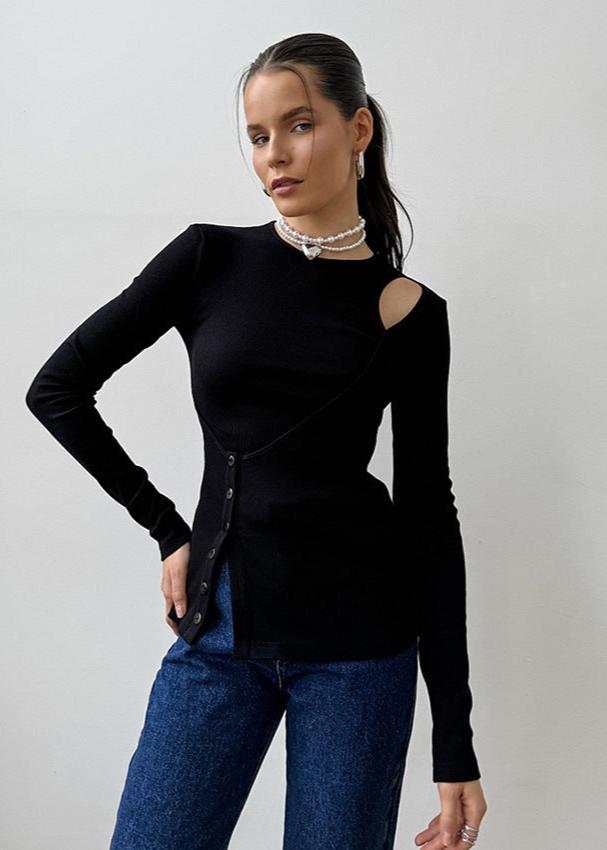 Black Knit Top With Asymmetric Cutout Design