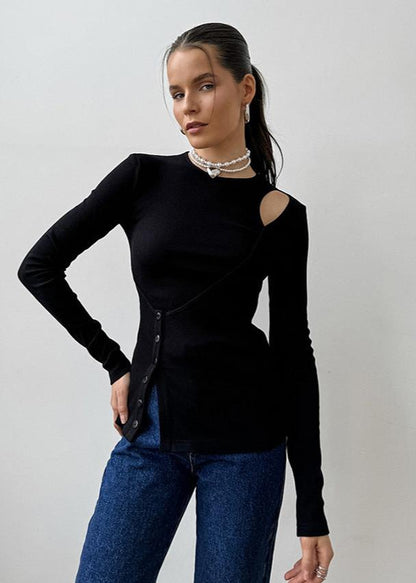 Black Knit Top With Asymmetric Cutout Design