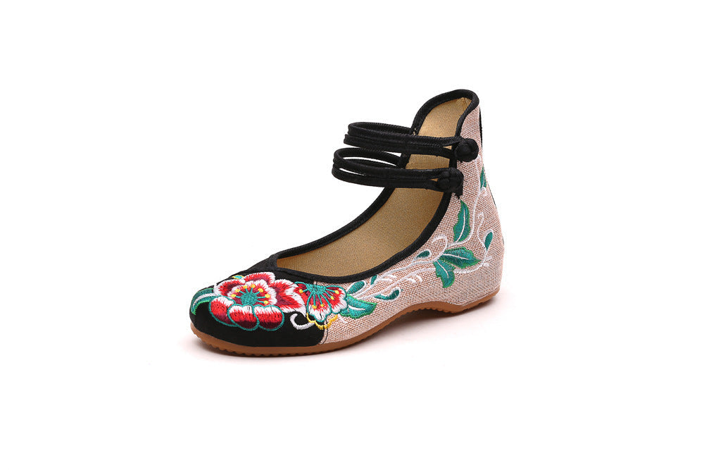 Ethnic Style Vintage Disc Buckle Embroidered Cloth Shoes Spring And Autumn Flax Round Toe Women'S Single Shoes
