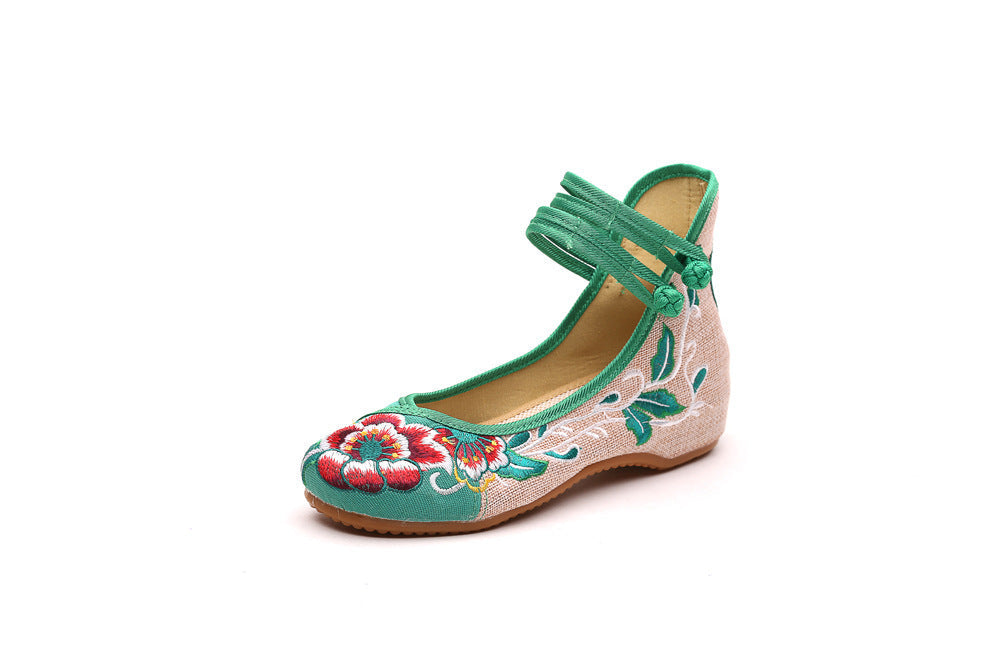 Ethnic Style Vintage Disc Buckle Embroidered Cloth Shoes Spring And Autumn Flax Round Toe Women'S Single Shoes