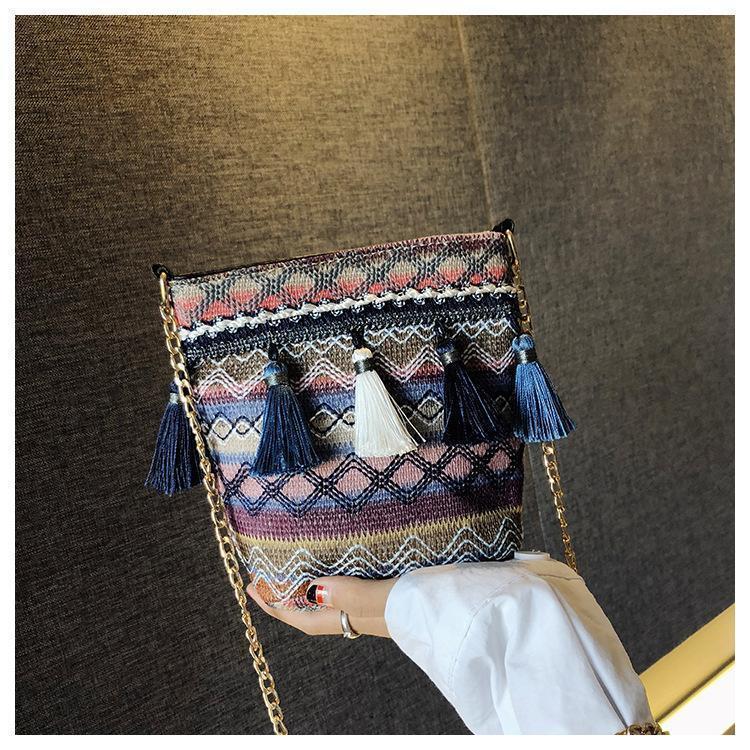 Bohemian National Style Weaving Tassel Bucket Bag Shoulder Bag Crossbody Bag