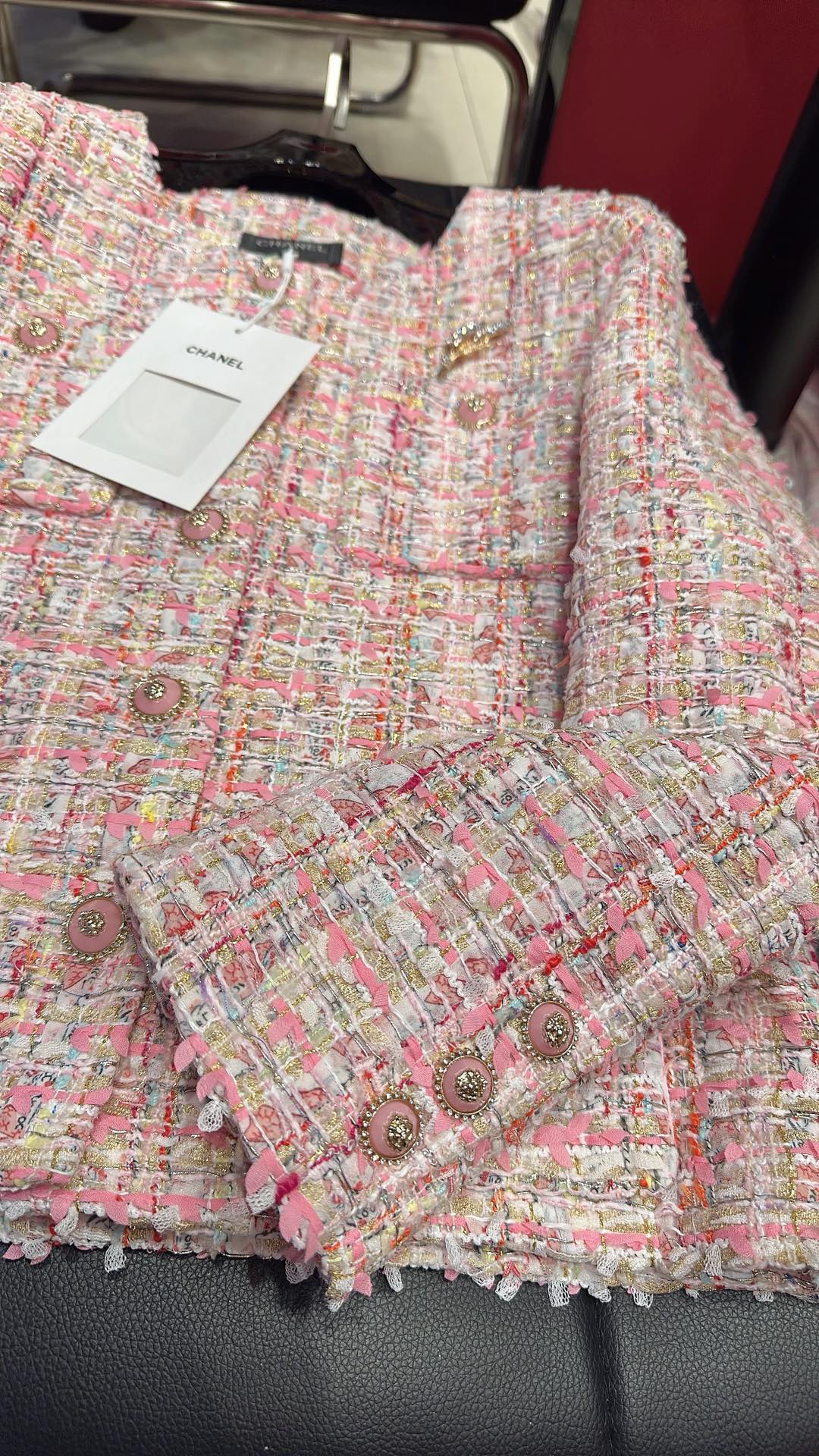 CC Brooch Tweed Pink Jacket