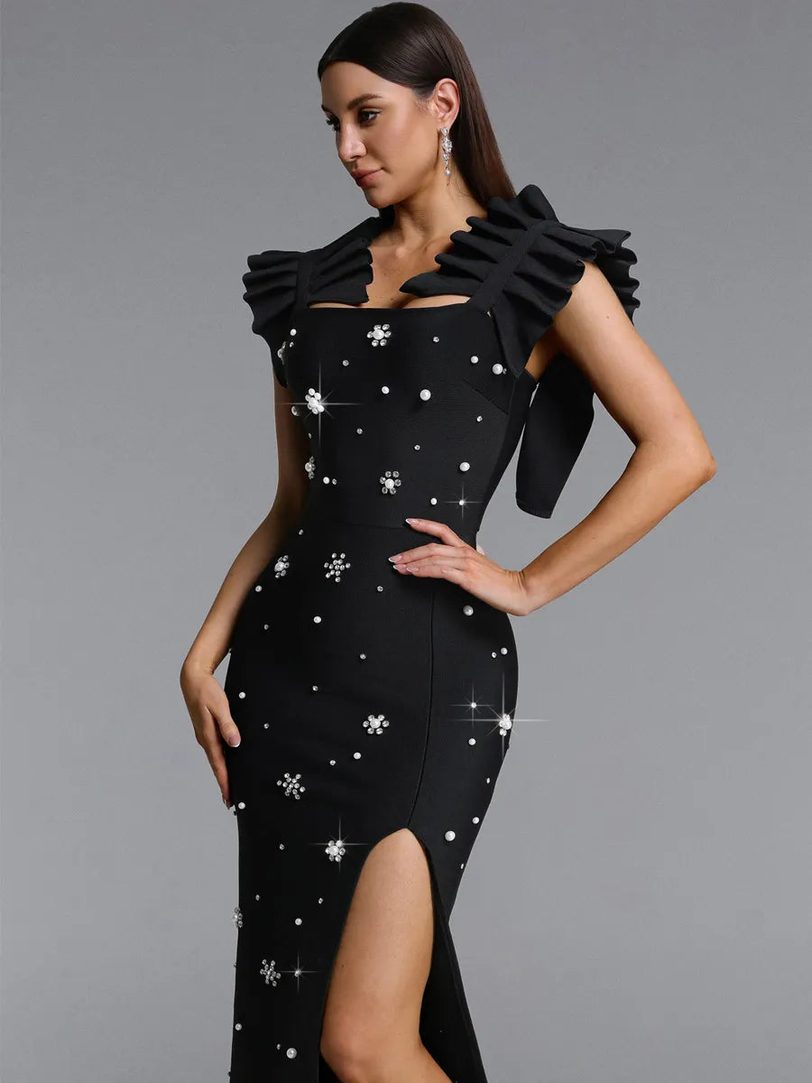 Alissa Pleated Strap Rhinestone Bandage Maxi Dress