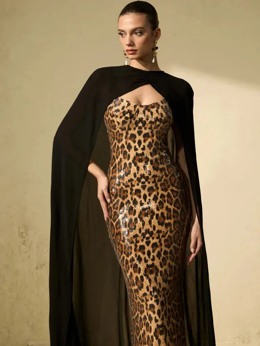 Celestia Leopard Print Sequin Maxi Dress & Cape Set