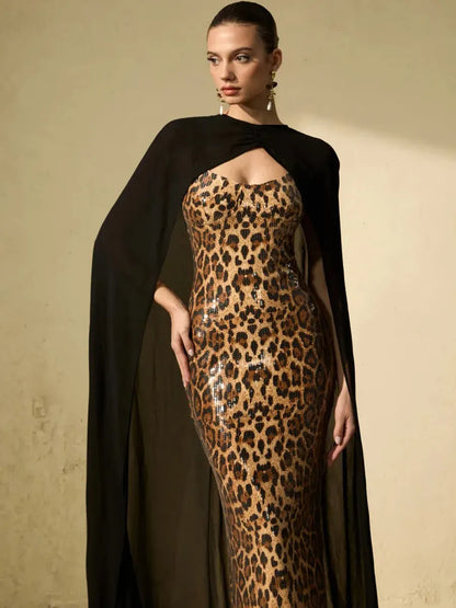 Celestia Leopard Print Sequin Maxi Dress & Cape Set