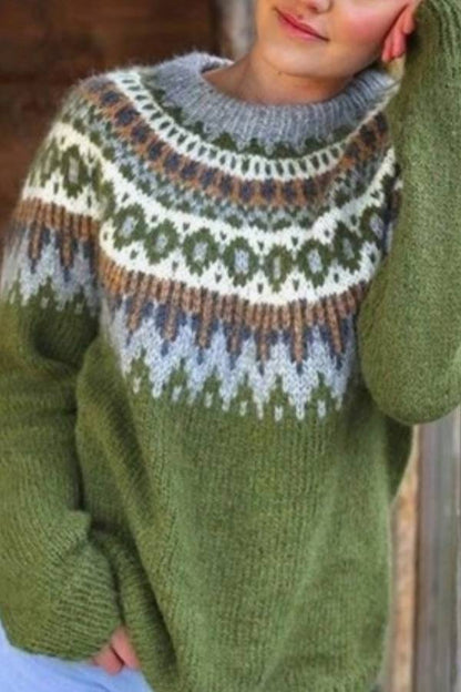 Retro ethnic style geometric pattern round neck loose knit sweater