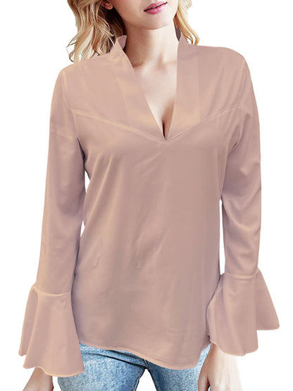 Flared Sleeves Long Sleeves Rhine Stones Solid Color V-Neck Blouses&Shirts Tops