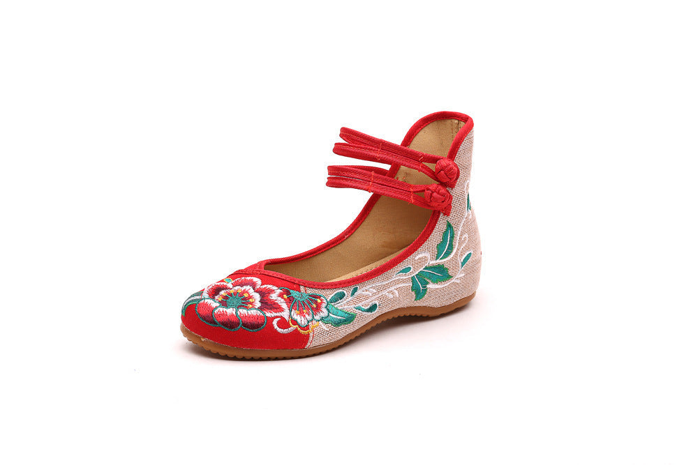 Ethnic Style Vintage Disc Buckle Embroidered Cloth Shoes Spring And Autumn Flax Round Toe Women'S Single Shoes