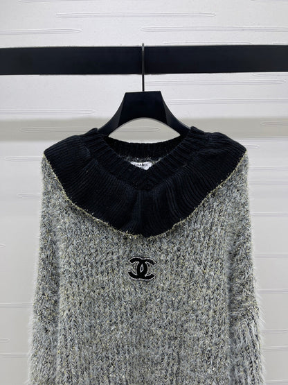 Chanel 2025 Ruffled Collar Shimmering Sweater Gray Black Polyester Wool 319566