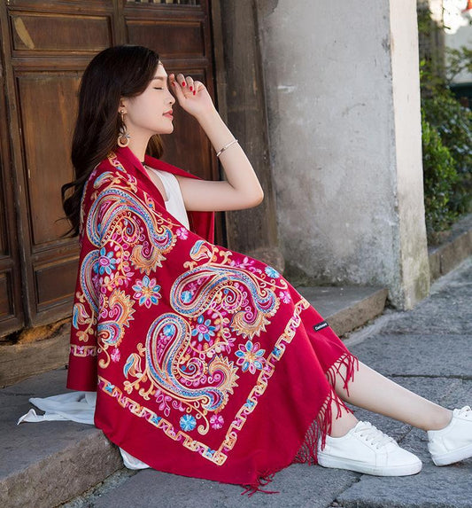 Tibetan And Nepal Embroidered Flower Imitation Cashmere Scarf For Women Outside With Sunscreen Air-Conditioning Shawl
