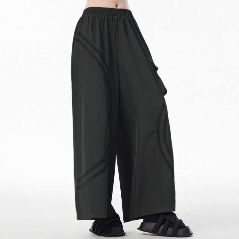 Striped Patch Pocket Loose Wide Leg Elastic Waist Pants